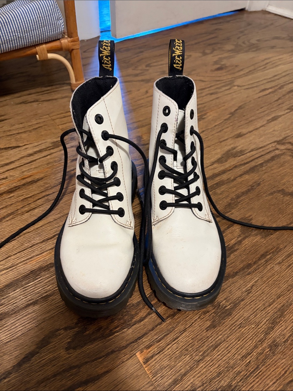 Dr. Martens White Leather Lace-Up Combat Boots with Black Accents